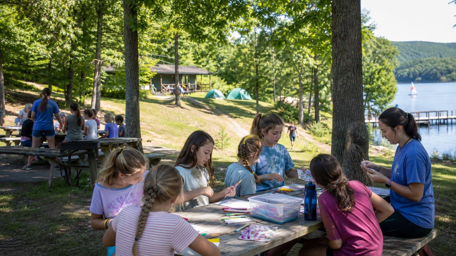 Day camp outdoors beside a lake