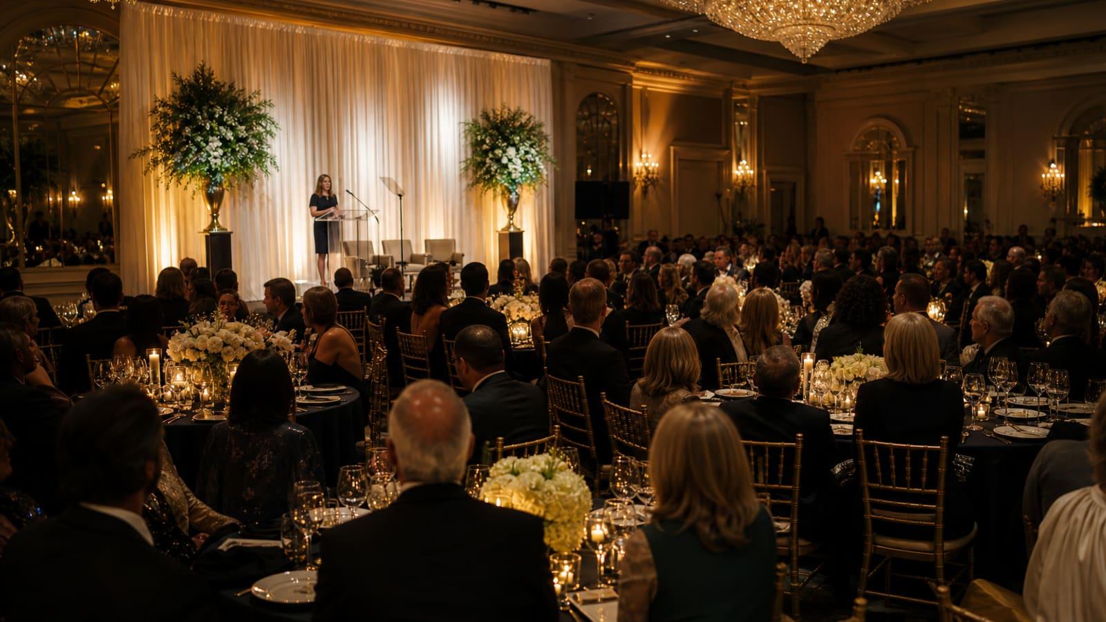 Guests seated at a charity gala dinner
