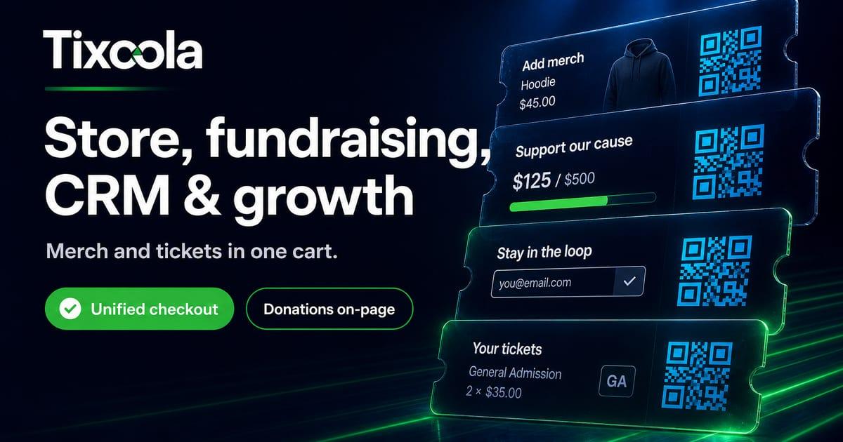 Tixoola ticketing add-ons — store, fundraising, and unified cart