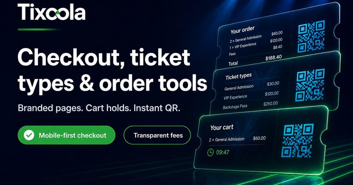 Tixoola event checkout — ticket types, cart holds, and branded event pages